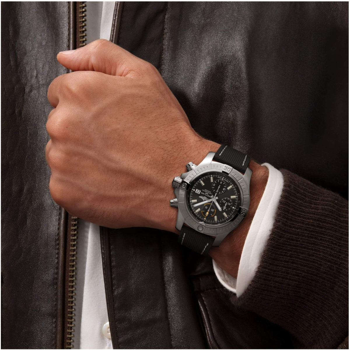 Breitling Avenger Chronograph Black Dial Black Leather 45mm Ginza Watches